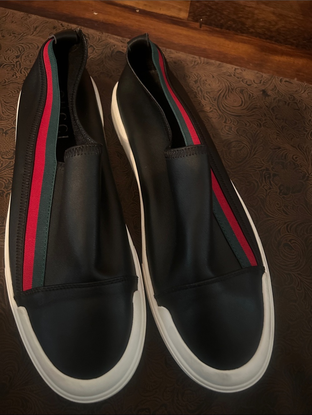 Gucci Black Leather Slip-On Sneakers with Red & Green Web Stripe